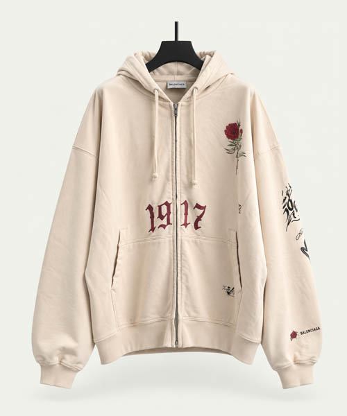 발렌시아가 1917 로즈 타투 그래픽 오버사이즈 후드 집업